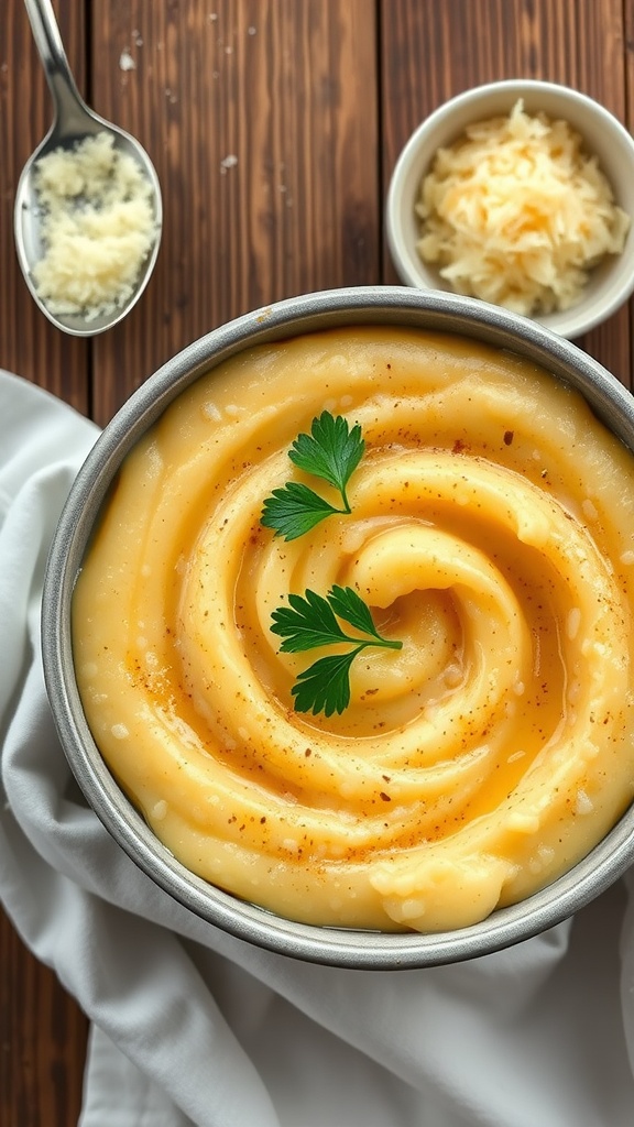 Creamy Parmesan polenta in a bowl garnished with parsley, served on a rustic table.